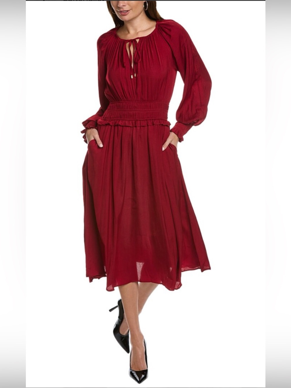 Ellie Tahari Airflow Long Blouson Sleeve Smocked Waist Midi Dress, Burgundy